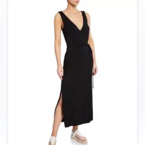 Vince Black V-Neck Tie Waist Sleeveless Jersey Casual Chic Wrap Dress Size M